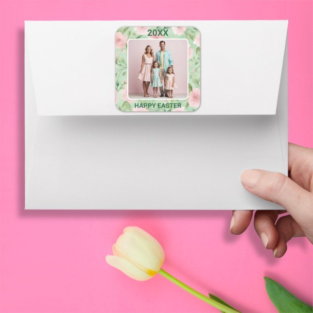 Easter Custom Photo Pastel Pink & Green Florals Square Sticker (Creator Uploaded)