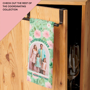 Easter Custom Photo Pastel Pink & Green Florals Tea Towel