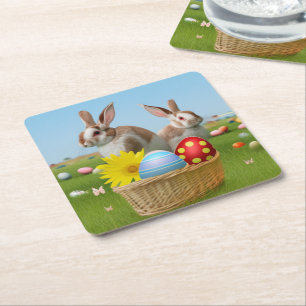 Easter Cute Bunny for a positive mood   Square Paper Coaster