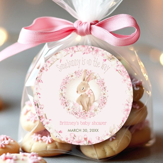 Easter Cute Bunny Spring Pink Girl Baby Shower Classic Round Sticker (Easter Cute Bunny Spring Pink Girl Baby Shower Classic Round Sticker)