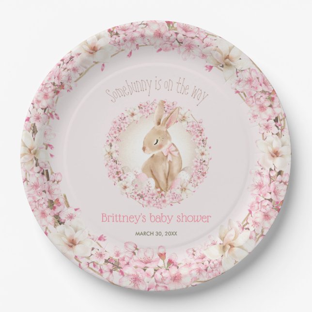 Easter Cute Bunny Spring Pink Girl Baby Shower Paper Plate (Front)