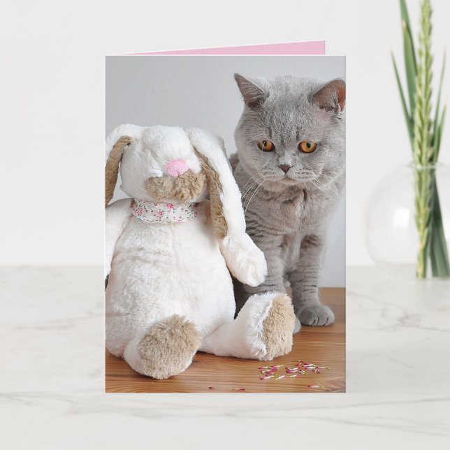 EASTER CUTE CAT & BUNNY GREETING CARD (Front)