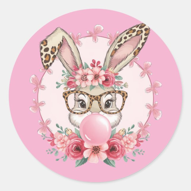 Easter Cute Floral Bunny Leopard Gift  Classic Round Sticker (Front)