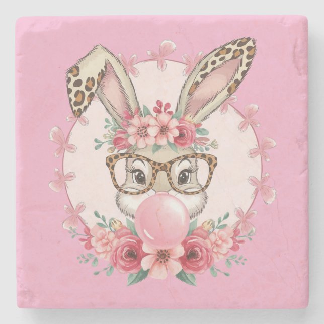 Easter Cute Floral Bunny Leopard Gift  Stone Coaster (Front)