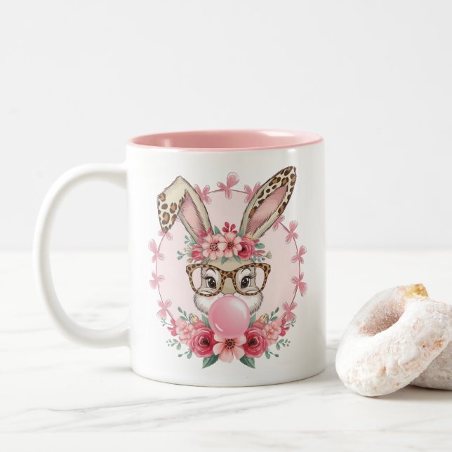 Easter Cute Floral Bunny Leopard Gift  Two-Tone Coffee Mug (With Donut)