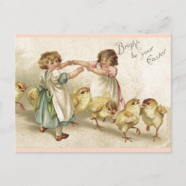 Easter- Cute Girls with Chicks-Vintage Postcard (Front)