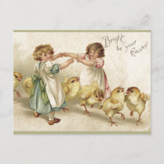 Easter- Cute Girls with Chicks-Vintage Postcard