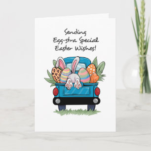 Easter Cute Pick Up Truck with Bunny Tail and Eggs Card