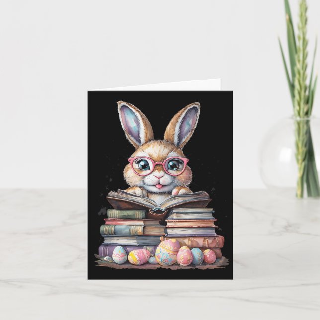 Easter Cute Reading Bunny Gles Books Bookworm Read Card (Front)