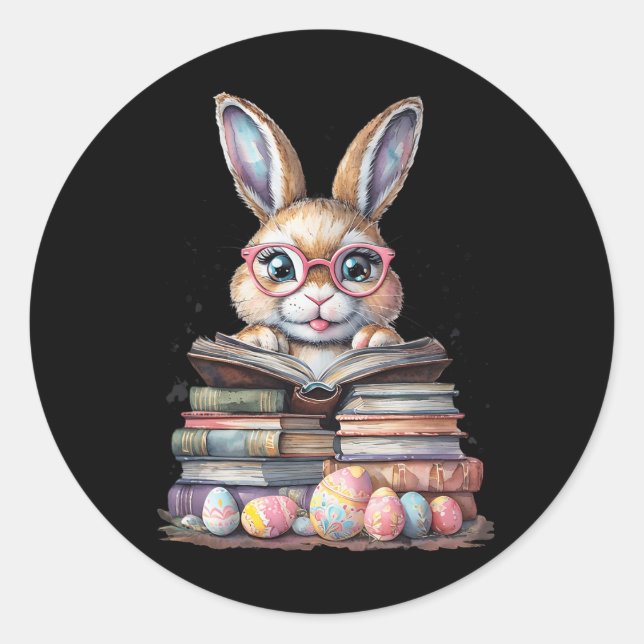 Easter Cute Reading Bunny Gles Books Bookworm Read Classic Round Sticker (Front)