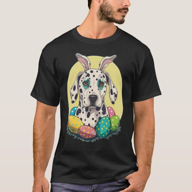 Easter Dalmatian Bunny Eggs Dog on Easter Dalmatia T-Shirt (Front)