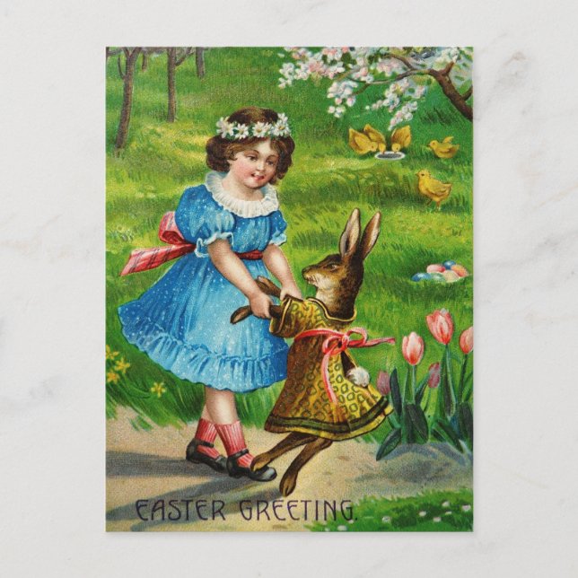 Easter Dance Victorian Dressed Bunny & Girl Holiday Postcard (Front)