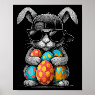Easter Day Bunny Face With Sungles Eggs Cool Rabbi Poster