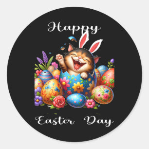 Easter Day Cat Bunny Ears Eggs For Men Women Kids Classic Round Sticker