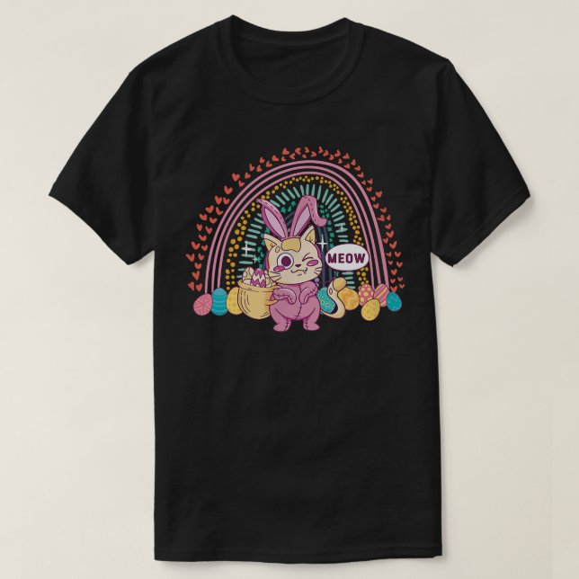 Easter Day Cat Bunny Ears Eggs  Men Women Easter R T-Shirt (Design Front)