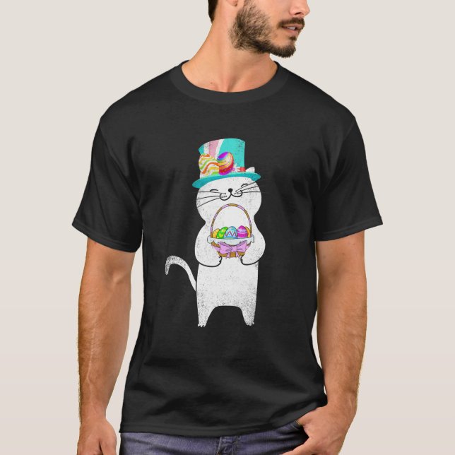 Easter Day Cat Colourful Egg Basket Hat Funny Gift T-Shirt (Front)