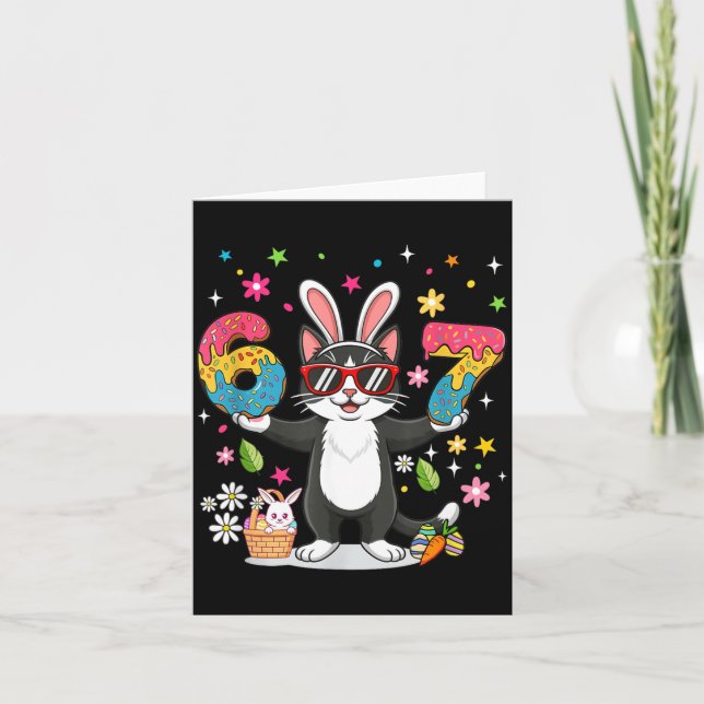 Easter Day Cat Eggs Funny Bunny Six Seven 67 Card (Front)