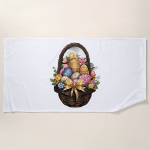 Easter Day Easter Basket Colourful Eggs Flowers  Beach Towel
