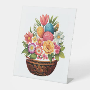 Easter Day Easter Egg Basket Spring Flowers Pedestal Sign