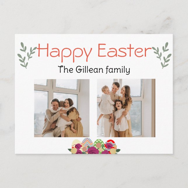easter day, happy easter to family two photo holiday postcard (Front)