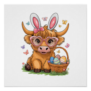 Easter Day Highland Cow Cute Easter Bunny Farmer W Poster