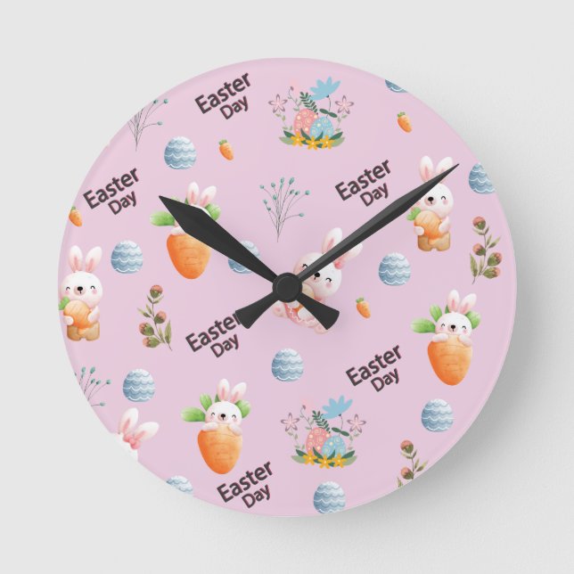 Easter Day Rabbits Pattern Round Clock (Front)