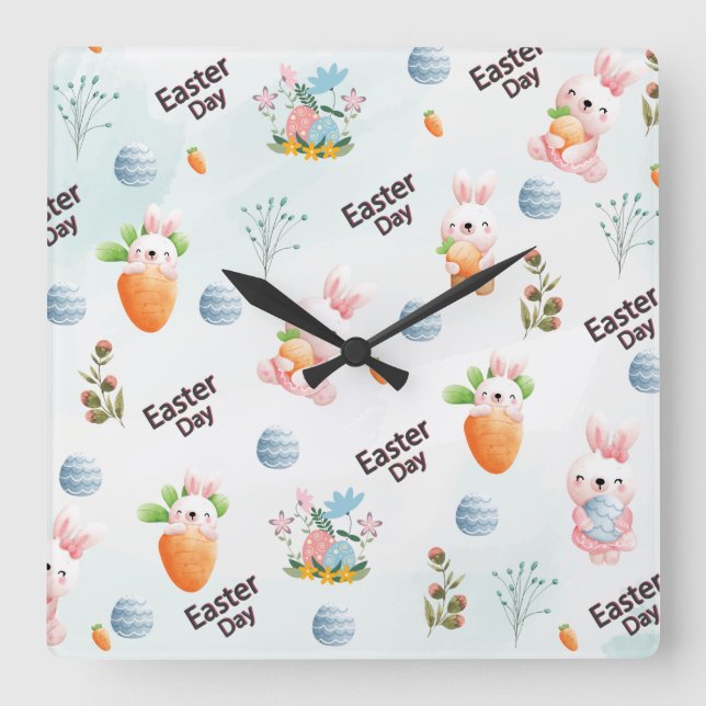 Easter Day Rabbits Pattern Square Wall Clock (Front)