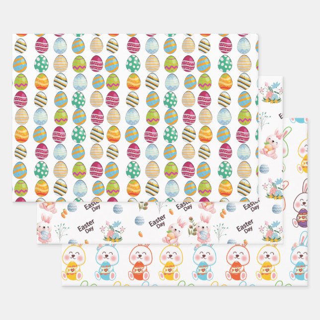Easter Day Rabbits Pattern Wrapping Paper Set of 3 (Set)