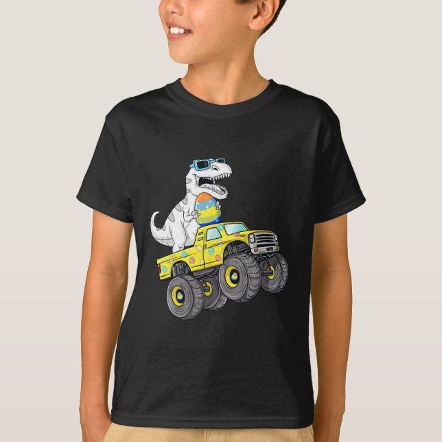 Easter Day T Rex Dino Riding A Monster Truck Boys  T-Shirt (Front)