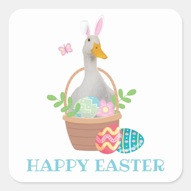 Easter Duck with Bunny Ears Square Sticker (Front)