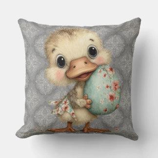 Easter Duckling Gray Damask Pattern Throw Pillow