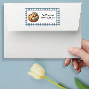 Easter Duckling with Eggs on Blue Gingham Plaid Label