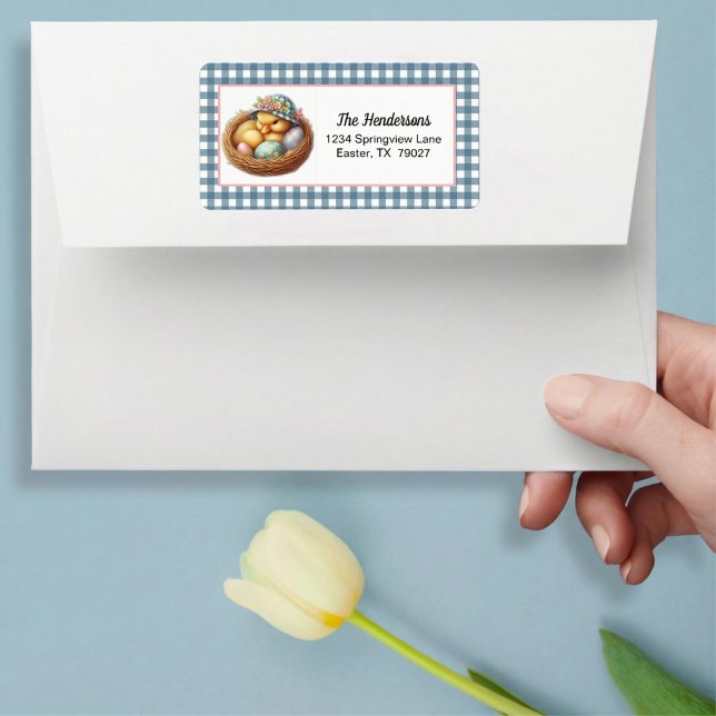 Easter Duckling with Eggs on Blue Gingham Plaid Label (Creator Uploaded)