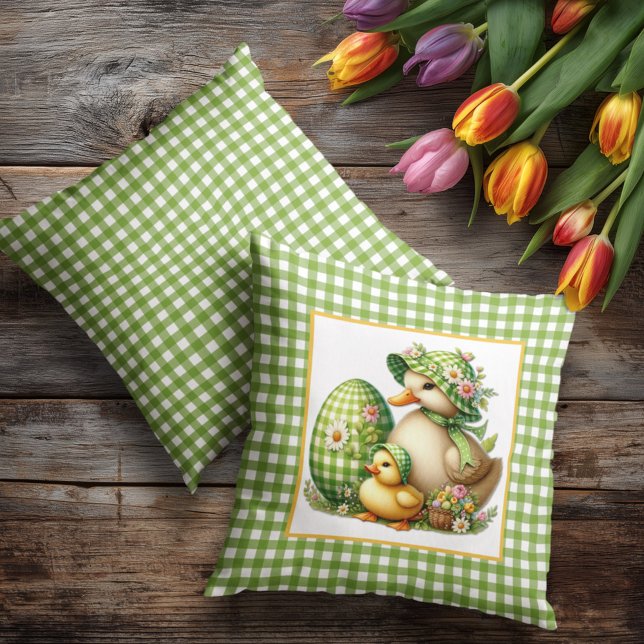 Easter Ducks Easter Egg & Flowers on Green Gingham Cushion (Creator Uploaded)