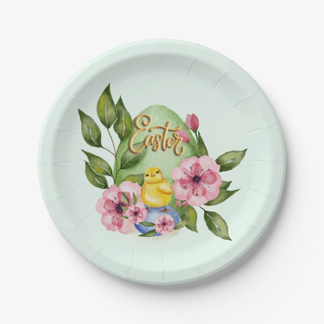 Easter Egg, Baby Chick, Pink Spring Flowers  Paper Plate (Front)