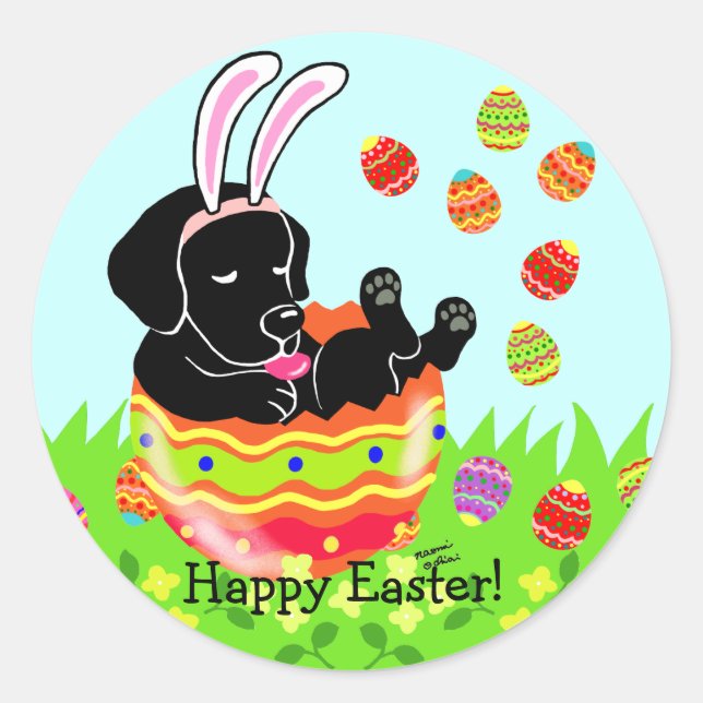 Easter Egg Black Labrador Puppy Cartoon Classic Round Sticker (Front)