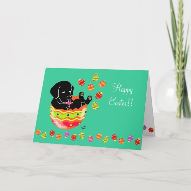 Easter Egg Black Labrador Puppy Cartoon Green Holiday Card (Front)