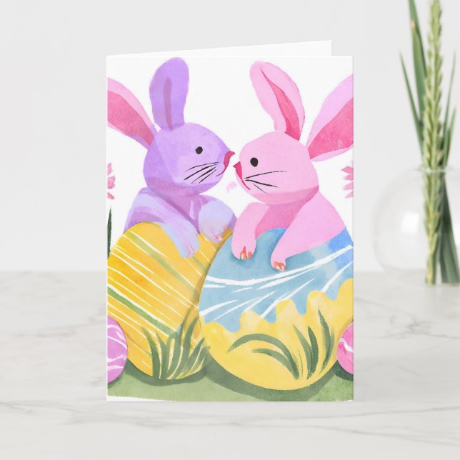 Easter Egg Bunnies | Pastel Watercolor Card (Front)