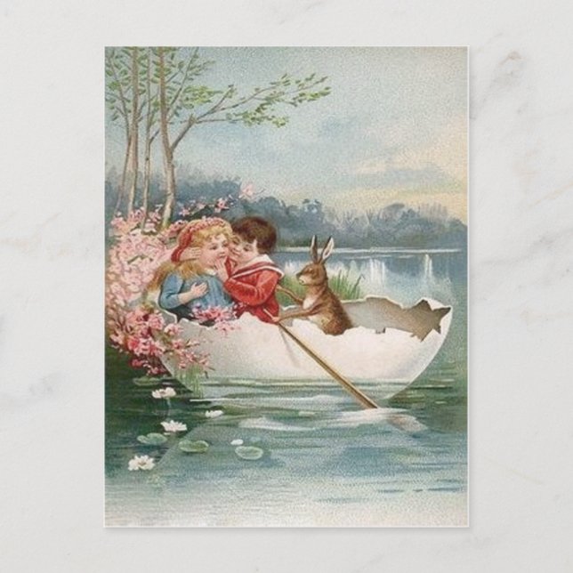 Easter Egg Bunny Boat Young Couple Landscape Holiday Postcard (Front)
