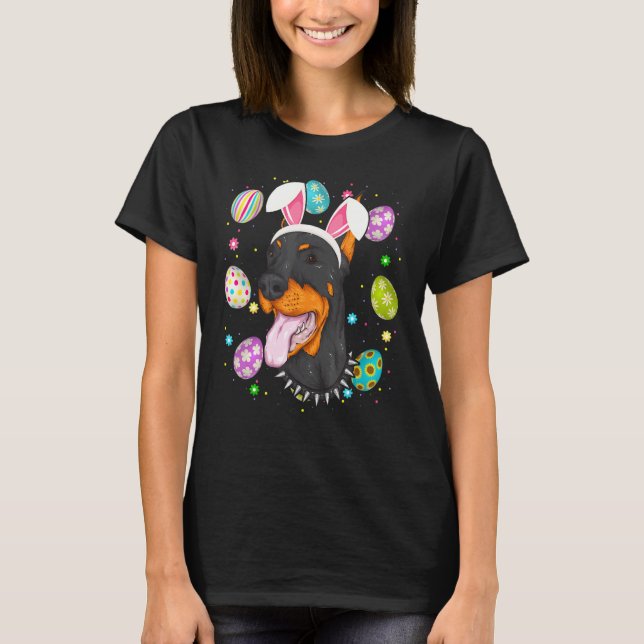 Easter Egg  Bunny Ear Doberman Dog Face Easter Sun T-Shirt (Front)