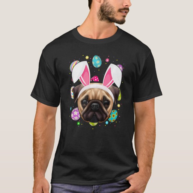 Easter Egg Bunny Ear Pug Dog Face Easter Sunday T-Shirt (Front)