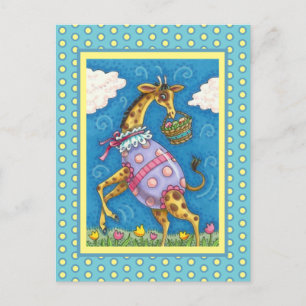 EASTER EGG GIRAFFE & SPRING TULIPS Cute Holiday Postcard