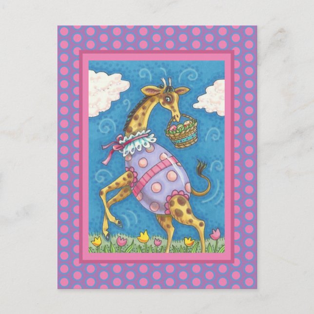 EASTER EGG GIRAFFE & TULIPS, SPRING POSTCARD (Front)