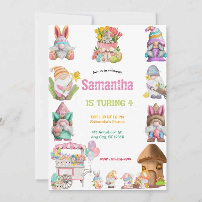 Easter Egg Gnomes Birthday girls  Invitation (Front)