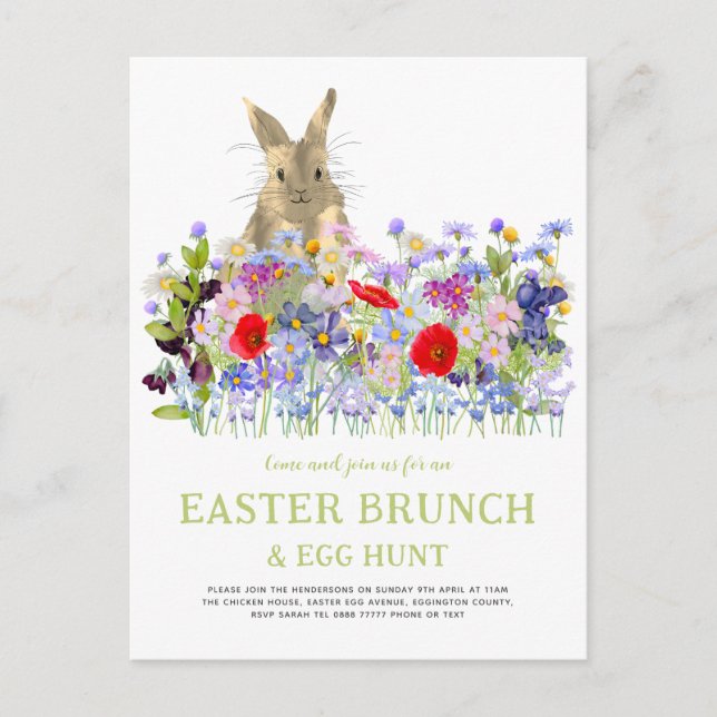 Easter Egg Hunt and Bruch Cute Bunny Floral Invitation Postcard (Front)