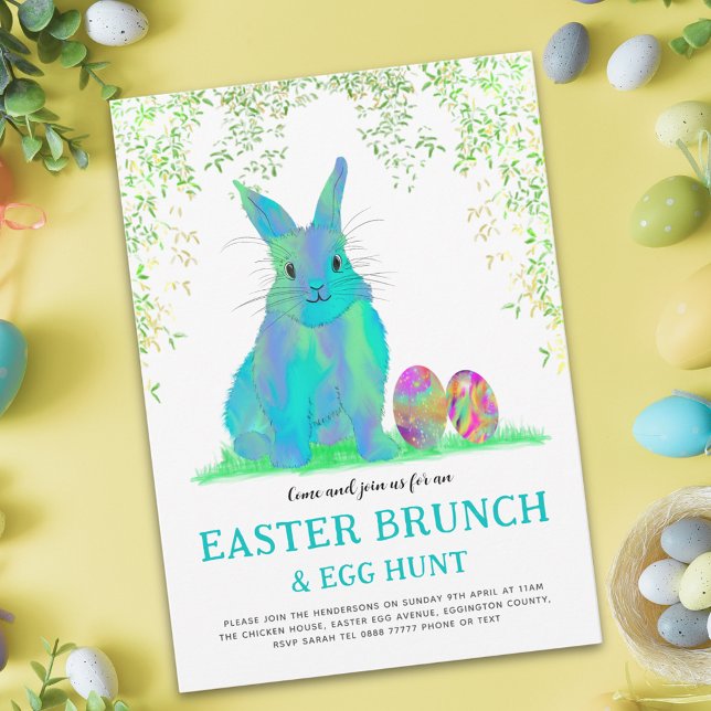 Easter Egg Hunt and Brunch Blue Bunny (Easter egg hunt spring brunch cute blue bunny & eggs garden party budget invitation)