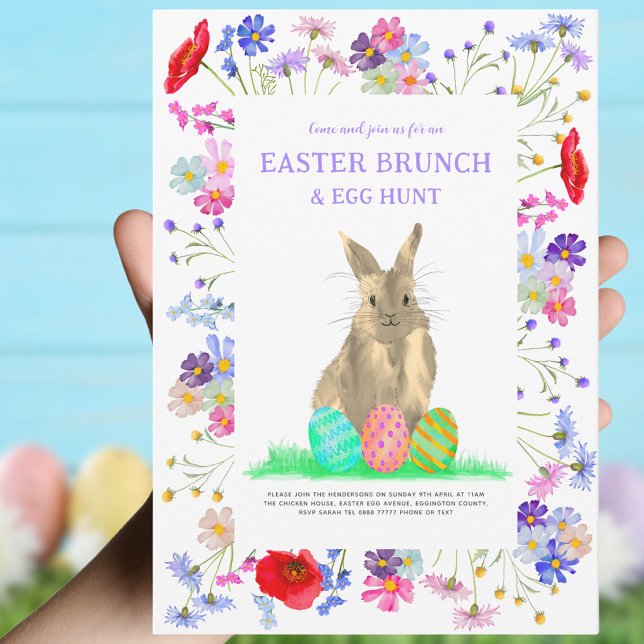 Easter Egg Hunt and Brunch Bunny Floral Invitation (Easter brunch and egg hunt custom invitation cute bunny and eggs with watercolor wildflower floral)