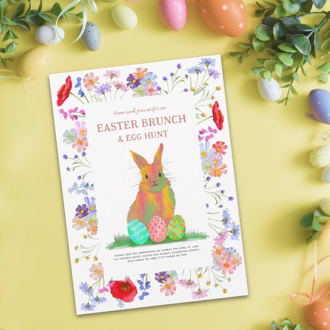 Easter Egg Hunt and Brunch Floral Bunny Invitation Postcard (Personalized happy easter colorful watercolor cute bunny wildflower floral budget holiday postcard)