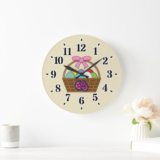 Easter Egg Hunt Basket w Pastel Eggs  Large Clock (Home)