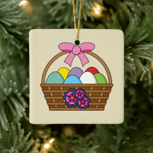 Easter Egg Hunt Basket with Pastel Eggs Ceramic Ornament